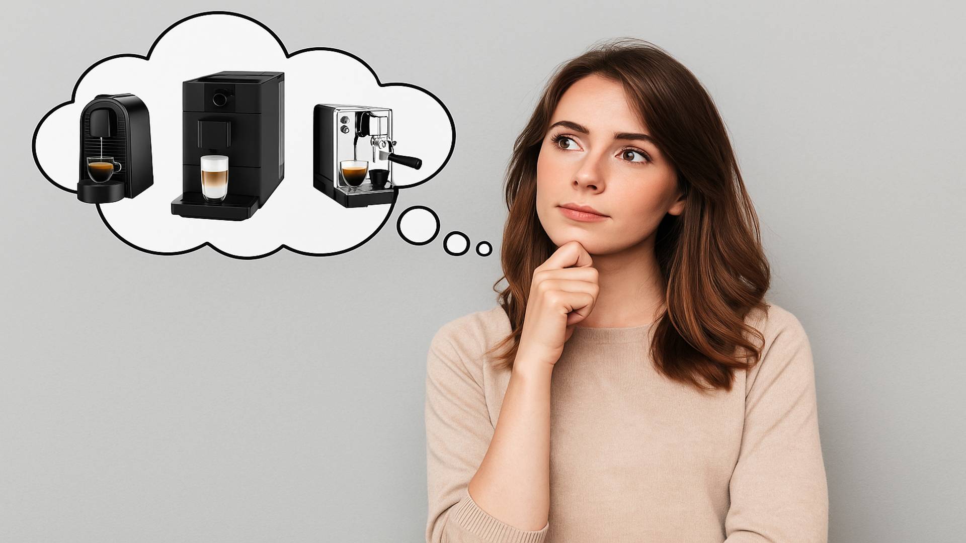 Femme pensive imaginant sa prochaine machine à café, avec des modèles de machines espresso, automatiques et à capsules dans une bulle de pensée.