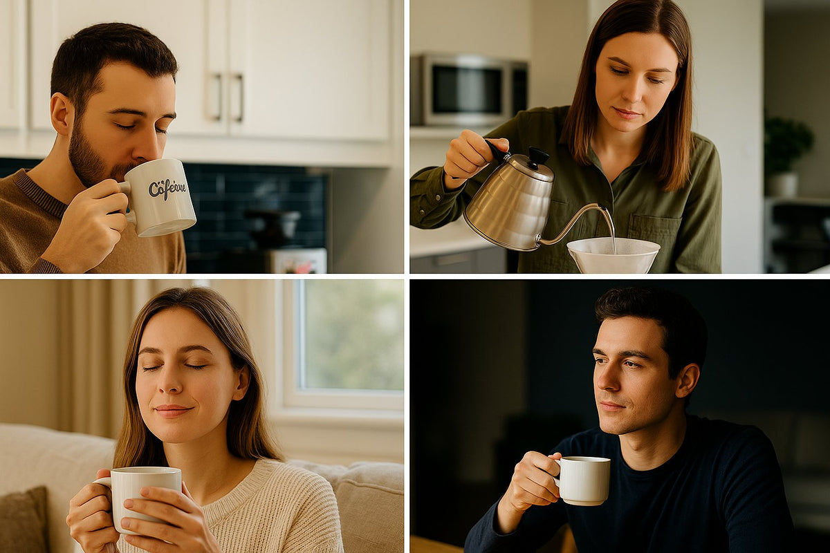 Personnes savourant du café à la maison dans des moments de détente et de préparation.