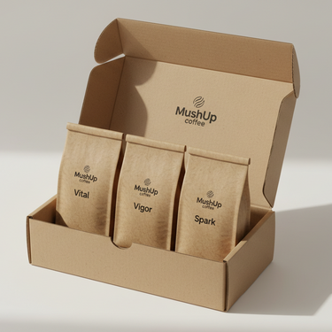 lPack découverte des cafés aux champugnons MushUp Vital, Vigor et Spark.