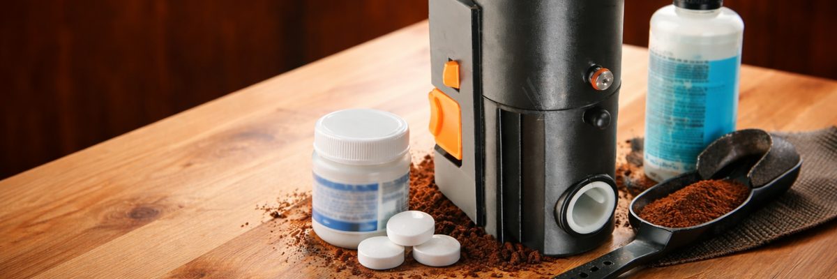 Groupe d’infusion de machine à café posé sur un plan de travail avec produits d’entretien