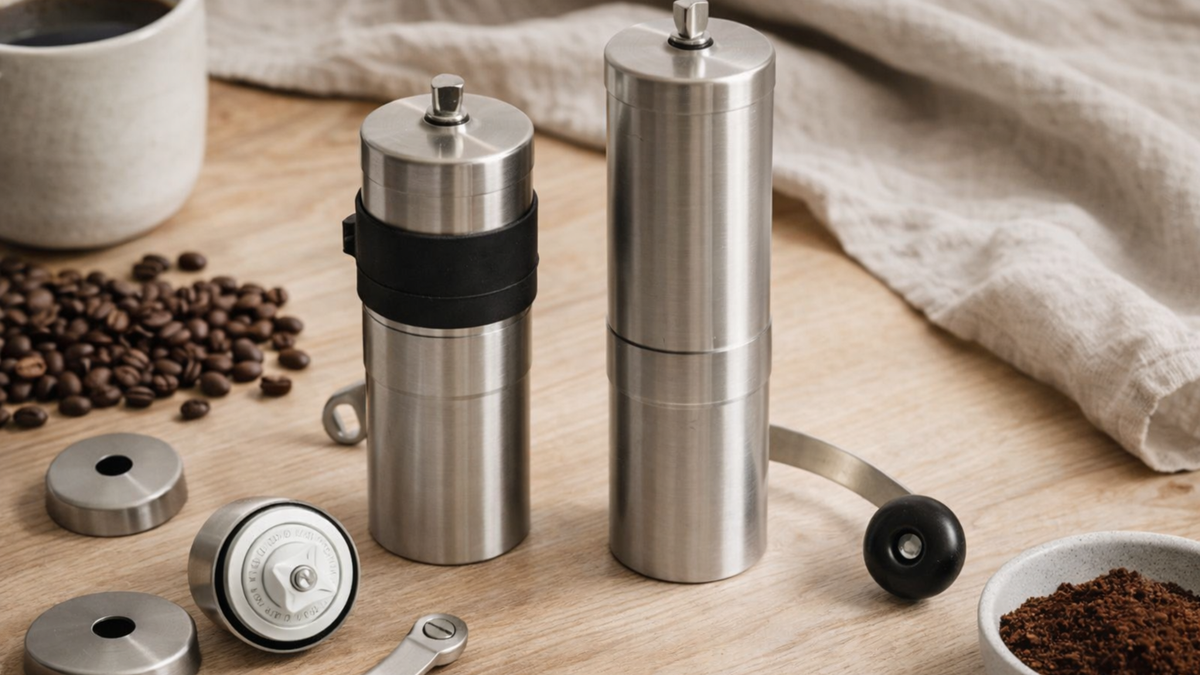 Moulins à café manuels Porlex Mini et Porlex Tall en acier inoxydable, posés sur un plan de travail avec grains de café et mouture, dans un style lifestyle.