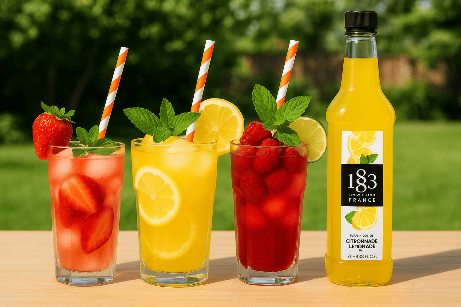 Trois verres de limonades fruitées maison garnies de fraises, framboises, rondelles de citron et feuilles de menthe, accompagnés d’une bouteille de sirop citronnade 1883 Maison Routin, sur fond de jardin estival.
