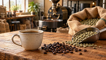 Tasse de café, grains verts et grains torréfiés dans un atelier de torréfaction.