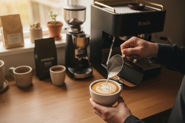 coin barista à la maison avec quelqu'un qui fait un latte art