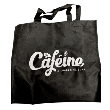 Black reusable fabric bag with white Ma Caféine logo