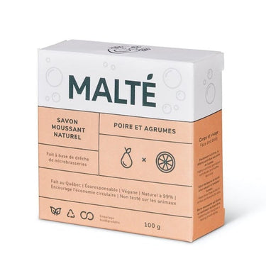 Malté | Savon hydratant et exfoliant à base de beurre de karité et drêche - Poire et Agrumes 100 gr