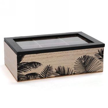 Black &amp; natural storage box for tea bags with palm leaves